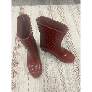 Betseyville Red Studded Rain Boots Womens Ankle Booties Lug Sole